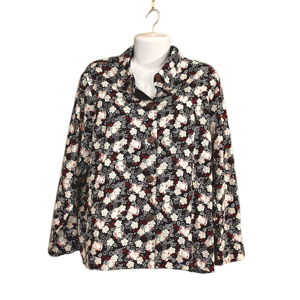 CJ Banks Women's Red/Black Floral Linen Blend Button-Up Shirt Casual SZ 1X
